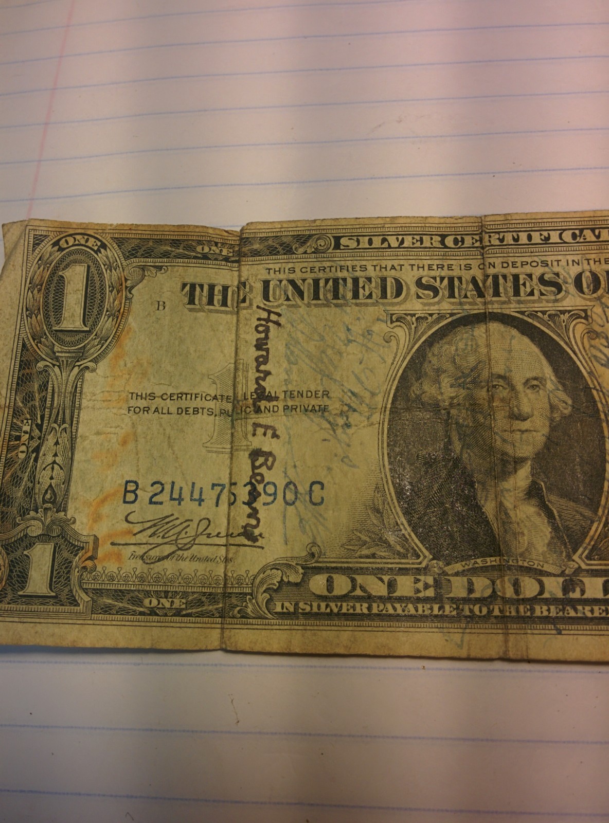 $1.001935A ONE DOLLAR SILVER CERTIFICATE SHORT SNORTER lots of autographs 120411