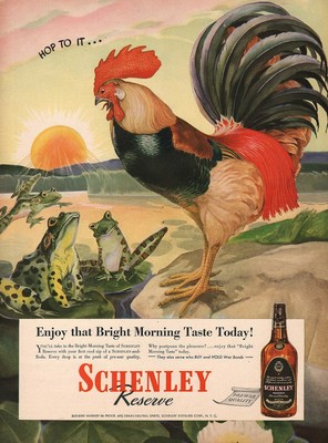 Vintage magazine ad SCHENLEY RESERVE WHISKEY 1945 rooster and frogs pictured