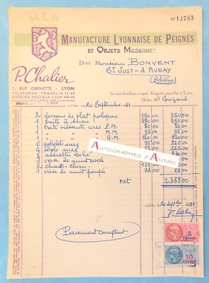 ● P. CHALIER Manufacture lyonnaise de peignes facture Bonvent Saint Just d'Avray