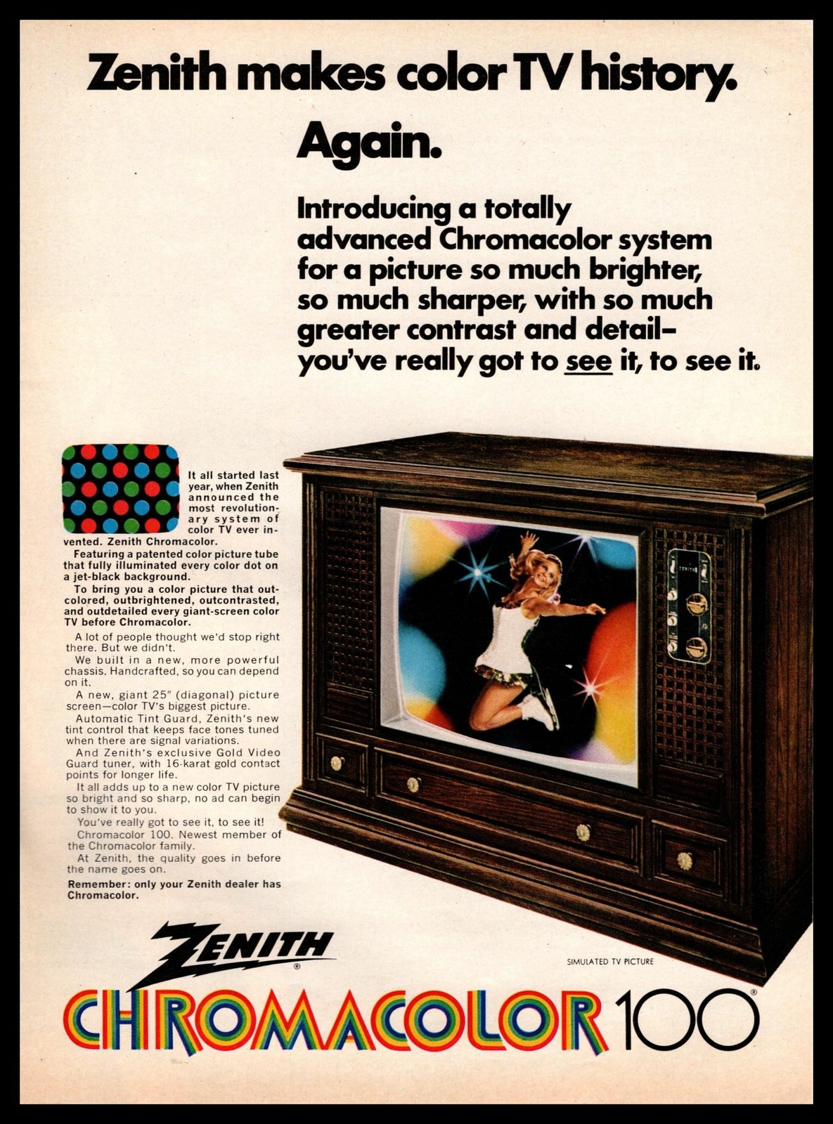1970 Zenith Chromacolor 100 Color Televison Set Vintage TV Cabinet