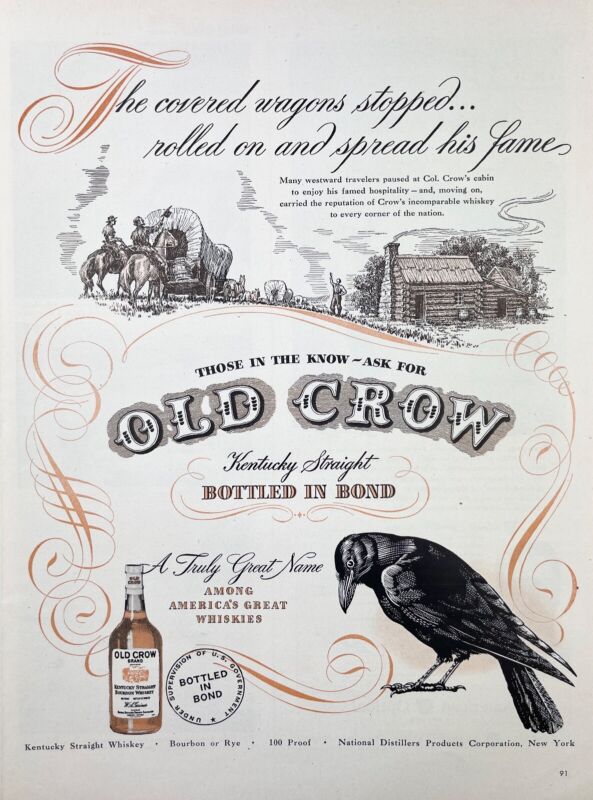 1947 Old Crow Bourbon Whiskey Bonded Wall Art Home Bar Decor Vintage Print Ad