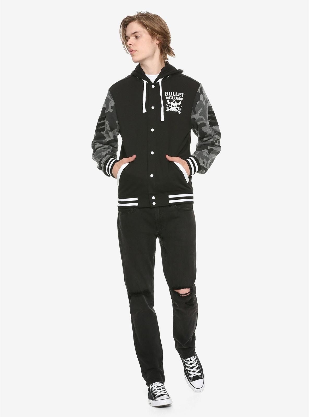 New Japan Pro-Wrestling Bullet Club Camo Hooded Varsity Jacket NJPW AEW M Medium