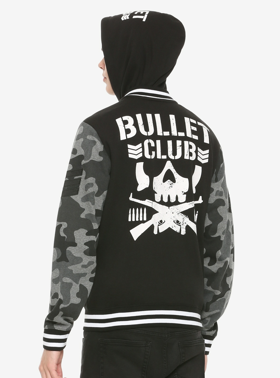 New Japan Pro-Wrestling Bullet Club Camo Hooded Varsity Jacket NJPW AEW M Medium