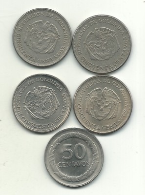 HIGH GRADE LOT OF 5 COLOMBIA 50 CENTAVOS COINS-1959,1961,1963,1966,1967-NOV198