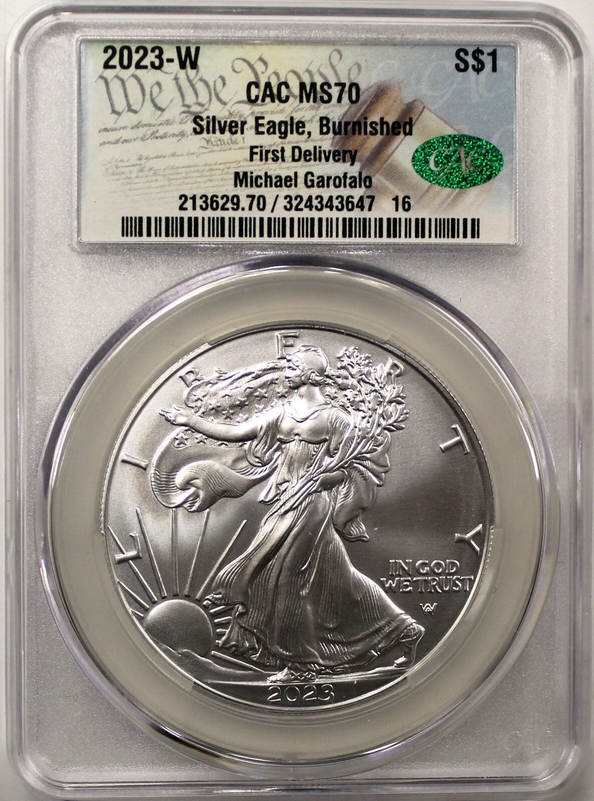 2023 W $1 Burnished Silver Eagle CAC MS70 First Delivery