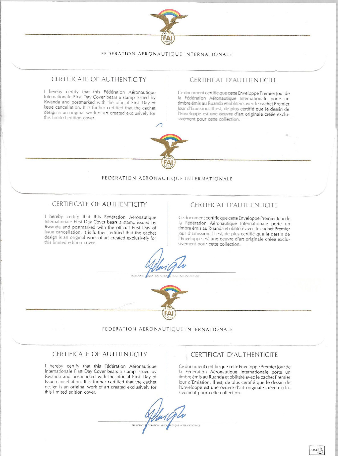 RWANDA ; HISTORY OF AVIATION, SCOTT No. 885-892 (8) FDC ON THREE COVERS