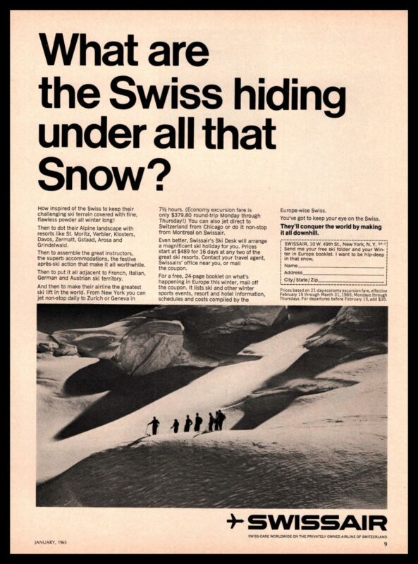 1965 Swissair Airlines "What Are The Swiss Hiding?" Snow Ski Vacation Print Ad