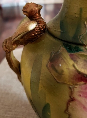 CA 1850 STAFFORDSHIRE HAND PAINTED VASE WITH PHEASANT HANDLES & DAFFODILS