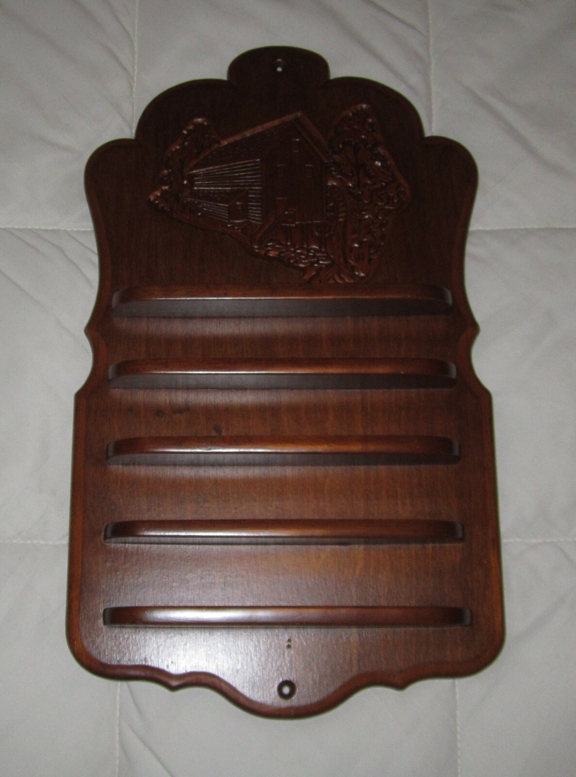 Carved Wood 35 Thumb Thimble Wall Rack Holder Display Etched Water Mill Scene