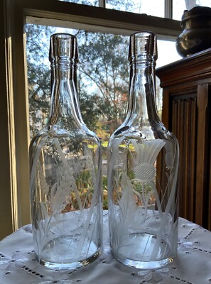 Hawkes Glass Engraved Thistle & Wheat Whiskey Bottles (2) c. 1915-1925