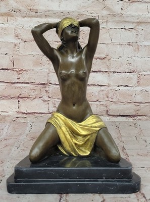 Nude Art Deco Preiss Blind Folded Female Bronze Sculpture Gold Patina Statue