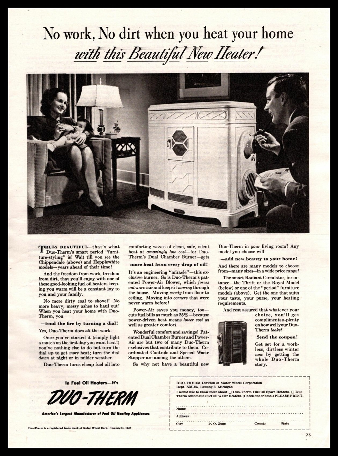 1947 Duo-Therm Lansing MI Fuel Oil Heating Appliances Vintage Heater Print Ad