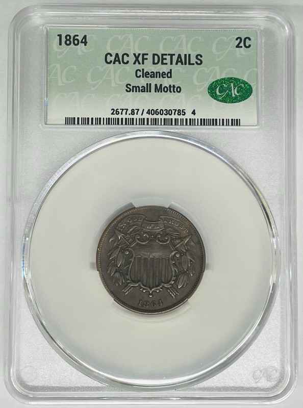 1864 Small Motto 2 Cent Coin CAC XF 40 Details