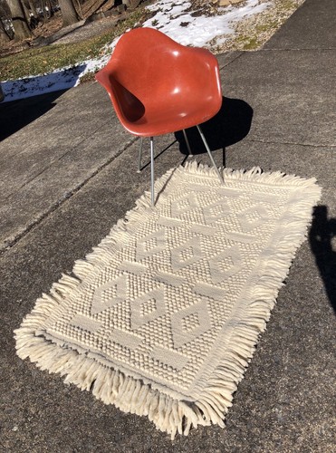 1960s-70s Vintage WOVEN WOOL RUG Geometric PATTERN Mod Mid-Century MCM 36”x60”