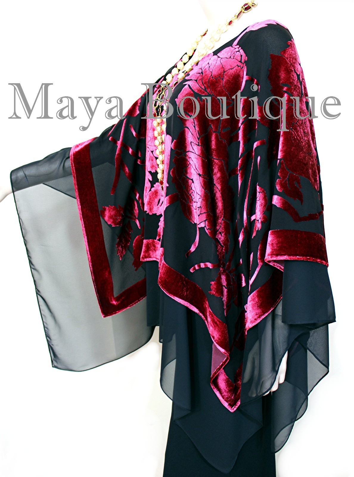 Pre-owned Maya Matazaro Layered Poncho Top Silk Burnout Velvet & Chiffon Red & Black