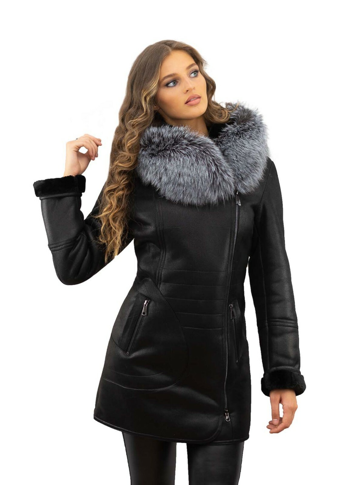MARKENLOS DAMEN WINTER MANTEL JACKE PARKA PELZ SILBERFUCHS PELZKRAGEN ECHTFELL ECHTPELZ