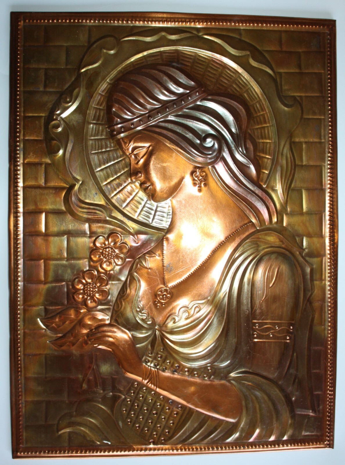 Vintage USSR Chasing Embossed Hammered Copper Wall Plaque Relief Woman w/ Flower