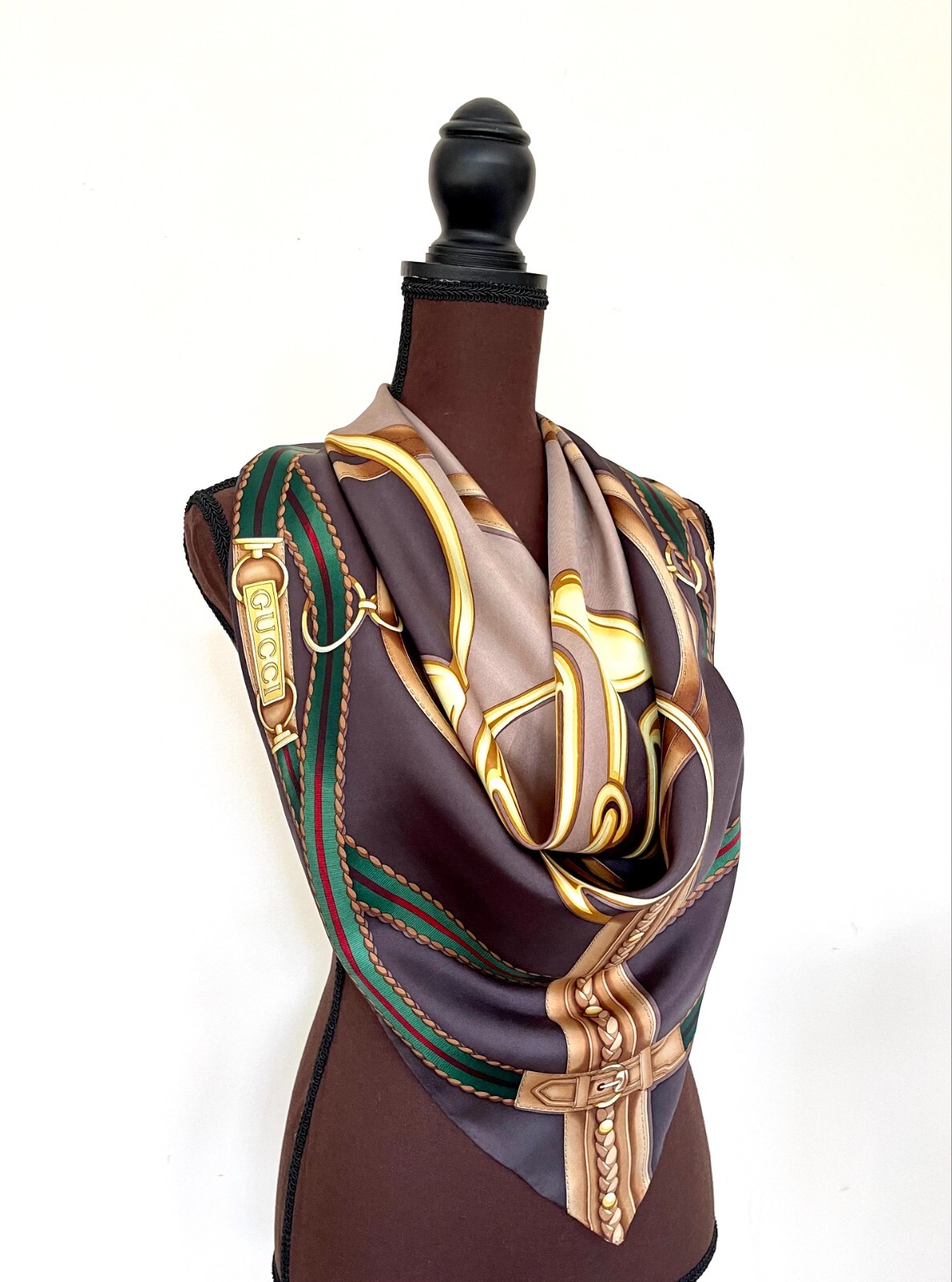 Pre-owned Gucci Unisex  Silk Wrap Logo Print Horsebit Equestrian Brown Beige Scarf