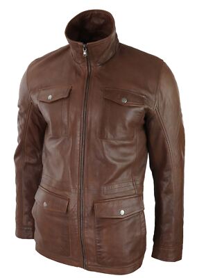 Pre-owned Truclothing Mens Tan Brown 3/4 Jacket Real Leather Safari Hunting Country Coat Classic