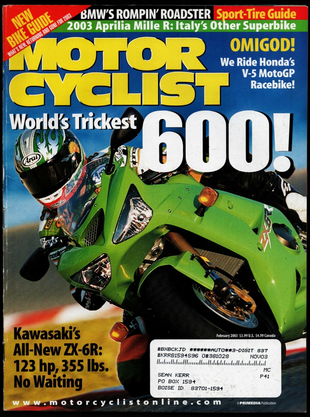 FEBRUARY 2003 MOTORCYCLIST MAGAZINE, KAWASAKI ZX-6R, APRILIA