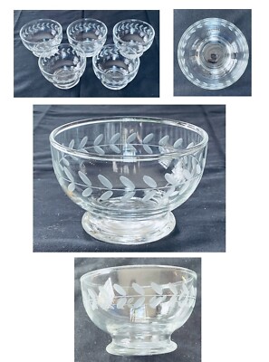 VINTAGE Dessert Bowls ETCHED LAUREL LEAF Clear 5-Piece Set
