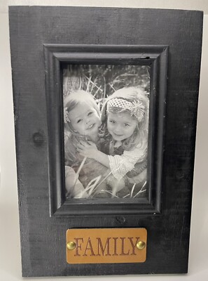 K & K INTERIORS BLACK WOODEN PHOTO FRAME W/FAMILY EMBOSSED LEATHER TAG