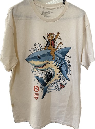 Japanese Samuari Ninja Cat Riding Shark Men's Graphic T