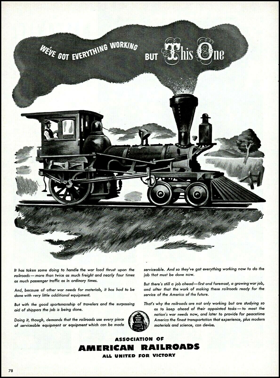 1944 American Railroads train WW2 united for victory vintage art Print Ad adL55