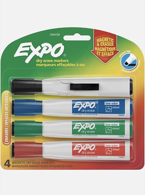 Expo Magnetic Dry Erase Markers with Eraser, Chisel Tip, Assorted, 4 Count