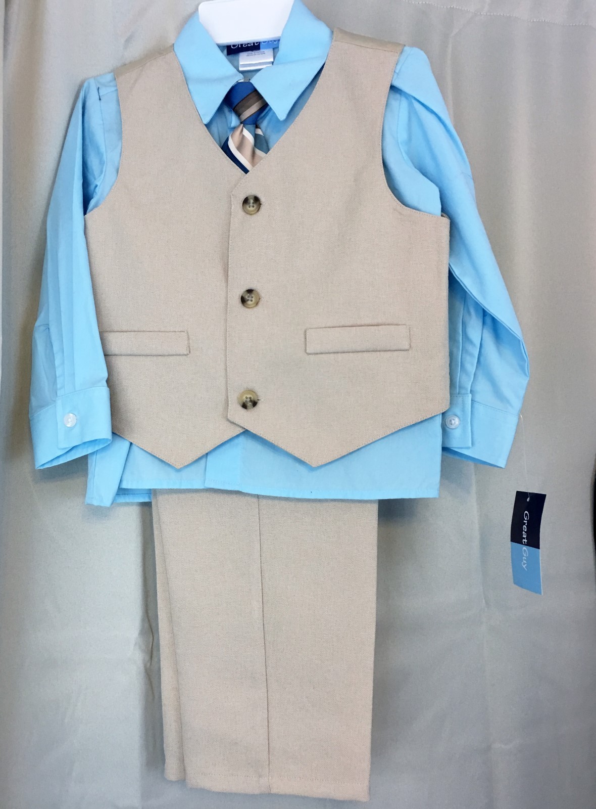 Boys 4 pc outfit khaki vest blue shirt size 4T flat front pant & strilped tie