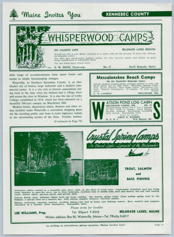 1956 Crystal Spring Camps Vintage Travel Ad Belgrade Lakes Maine + Whisperwood