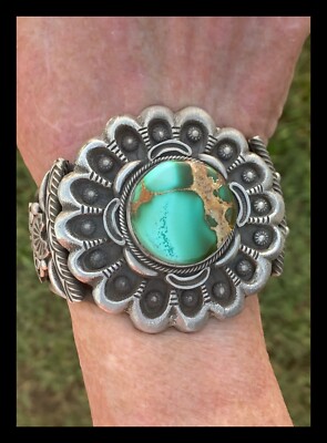 NAVAJO~HUGE~  BOLD~GREEN ROYSTON TURQUOISE~ SS~SANDCAST~BRACELET ~SIGNED RT