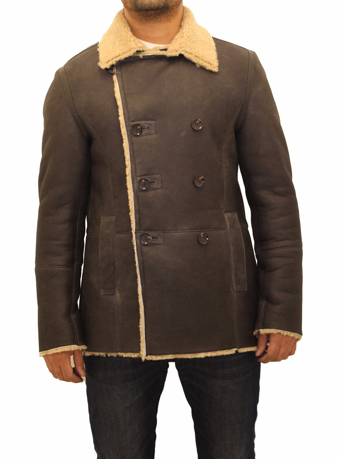 LEATHER STYLES HERREN BRAUNE DEUTSCHE NAVAL LAMMFELL ZWEIREIHIG TRENCHCOAT STUTZER