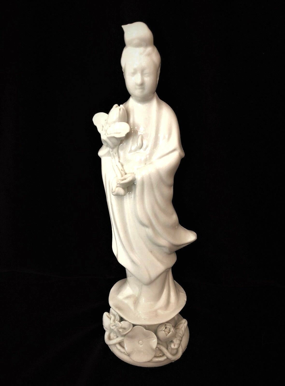 Vintage Blanc De Chine Porcelain Figure of Guanyin Holding Lotus Flower Kwan Yin