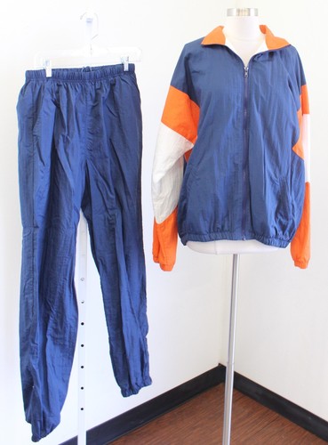 Vtg 90s Mens Navy Blue Orange Color Block Windbreaker