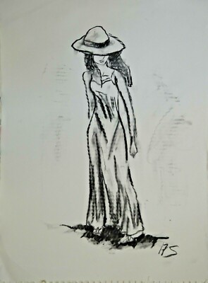 girl in a hat MODERN ABSTRACT SIGNED ORIGINAL CHARCOAL DRAWING SEMBERECKI cv2