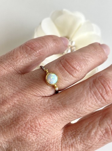 Antiqued Sterling Silver 18K Yellow Gold Opal Ring Size 5.5 - Picture 2 of 9