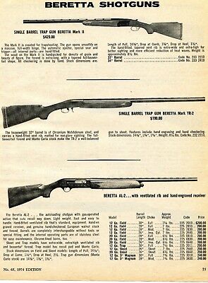 1974 Print Ad of Beretta AL-2, Mark II & TR-2 Trap Gun Shotgun