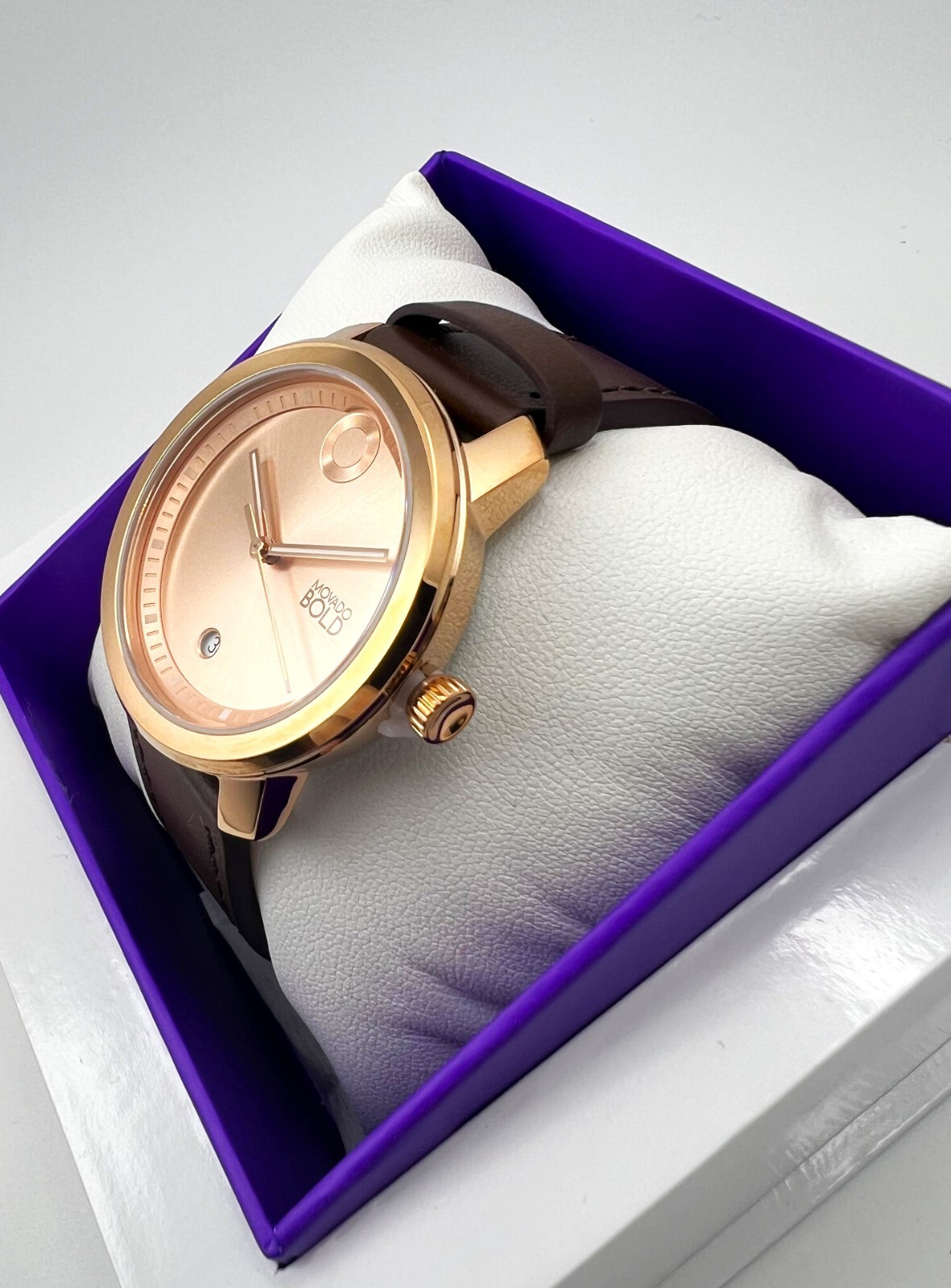 Pre-owned Movado Bold 3600996 Trend Rose Gold Dial Brown Leather Strap Women's Watch