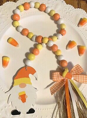 CANDY CORN GNOME BEAD GARLAND HALLOWEEN HAND PAINTED TIERED TRAY HOLIDAY DECOR