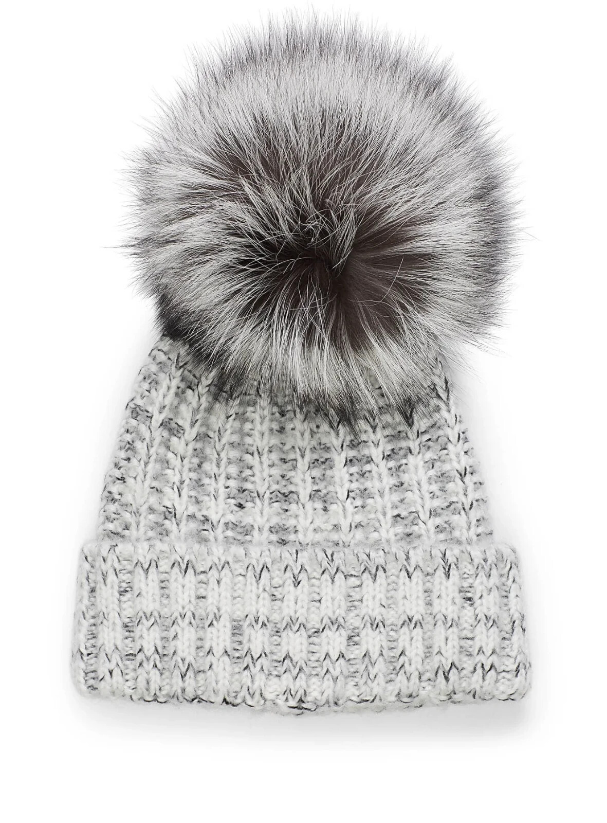 Kyi Kyi Fold-Up Fox Fur Pom Beanie Women's One Size Silver Tight-Knit - Picture 1 of 13