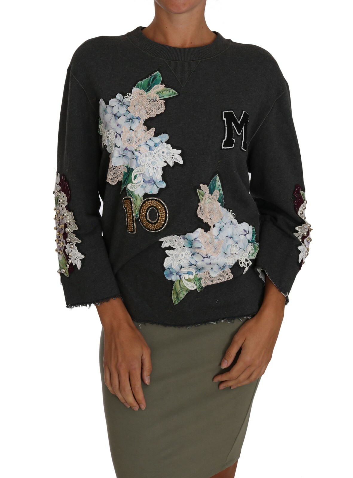 

DOLCE - GABBANA Серый свитер Hyndrangea College с заклепками и цветочным принтом IT38/US4/  3200 долларов США