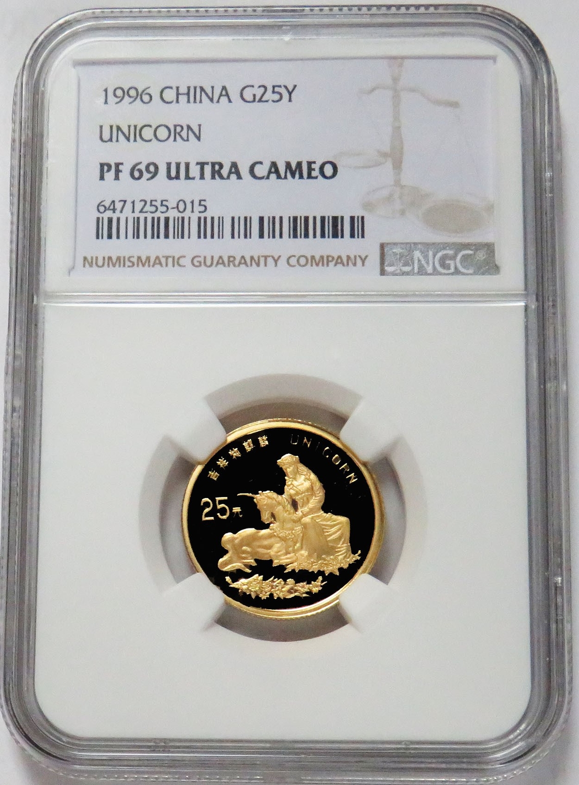 記念コイン　Monnaie de Paris 1996 coin 1996 GOLD CHINA 25 YUAN 1/4 oz PROOF UNICORN COIN NGC PF 69