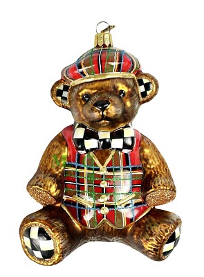 MacKenzie-Childs Tartastic Bear 2023 Baby's First Christmas Glass Ornament New