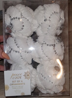 PEACE & JOY WHITE FUZZY & SILVER SEQUINS EMBELLISHED TREE ORNAMENTS SET OF 6 NIB