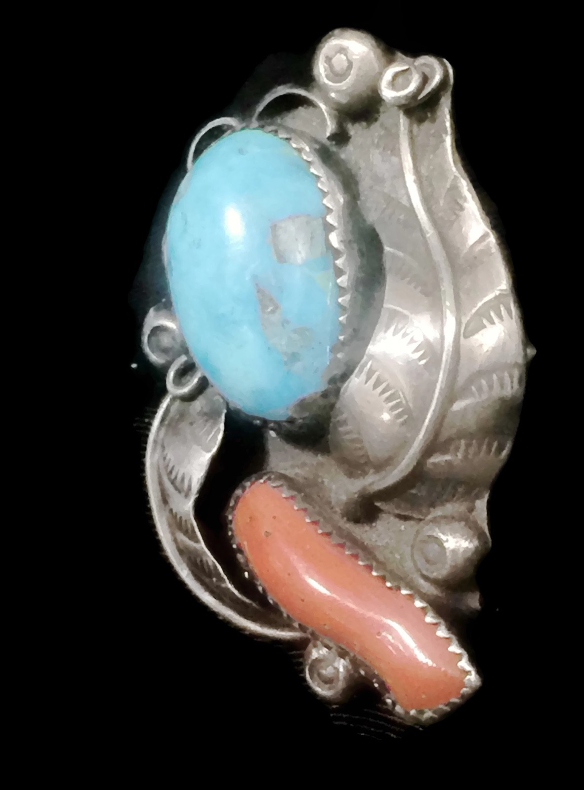 Turquoise Ring Southwest Coral Vintage Sterling Silver Size 6.5 Women Tribal