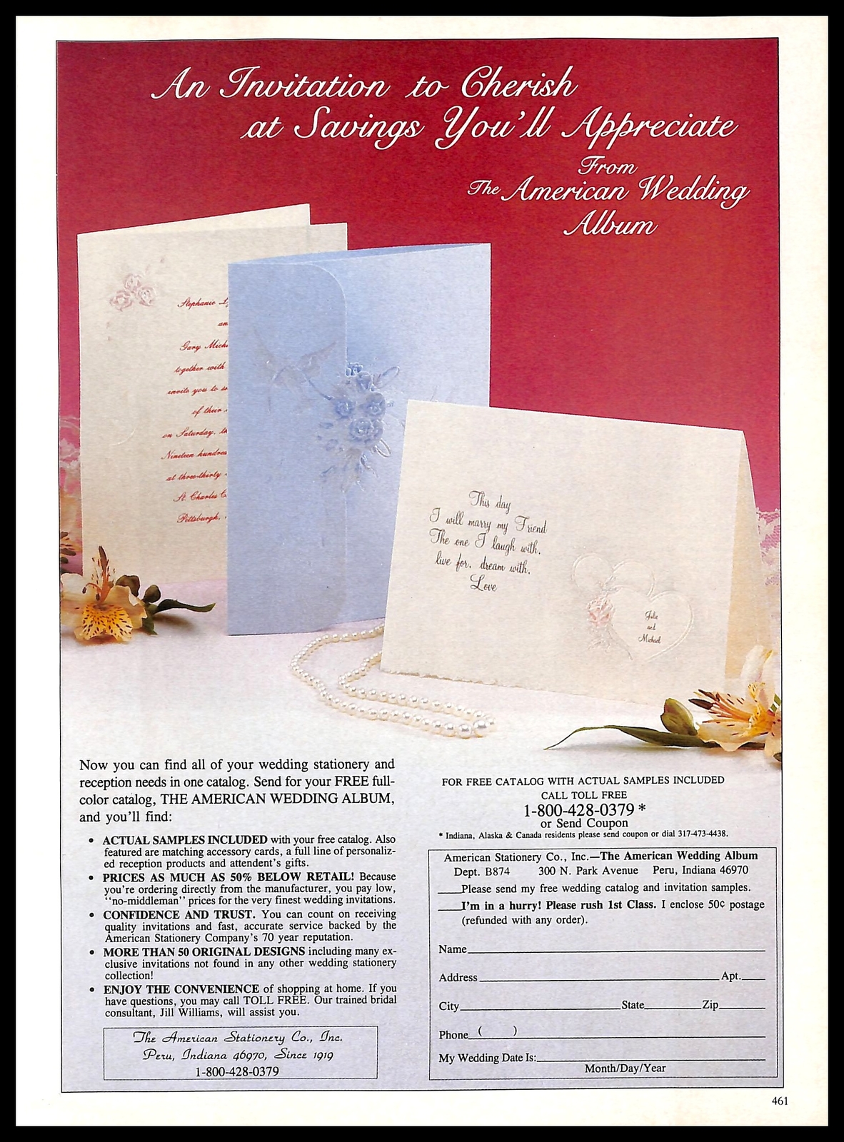 1987 The American Wedding Album Invitations Vintage Print Ad