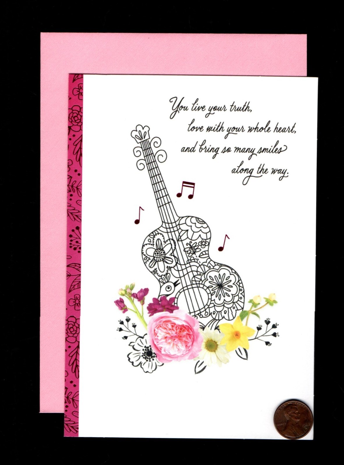 BIRTHDAY Guitar Flowers Pink Shiny Notes - Greeting Card - W