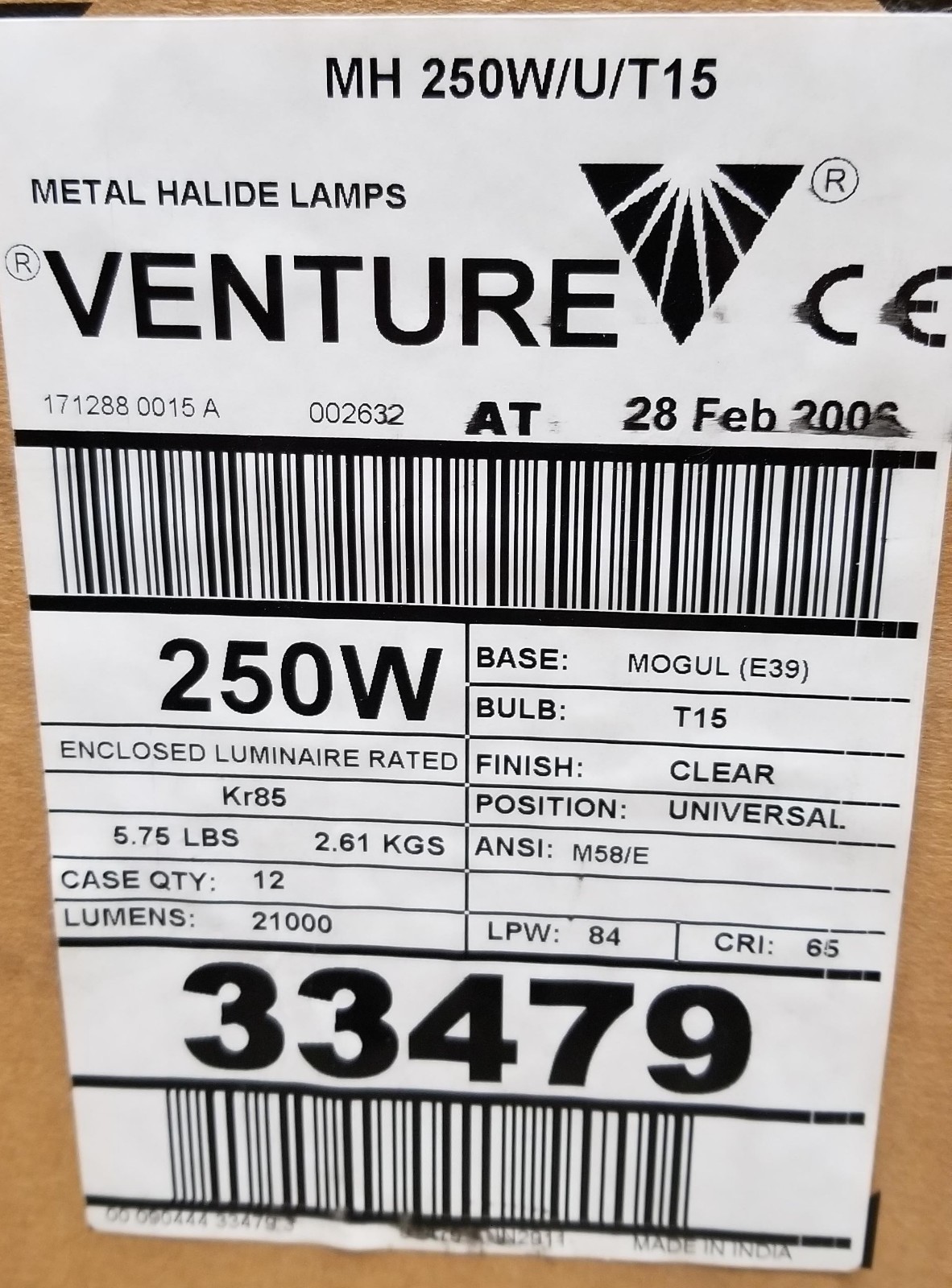 Venture MH 250W/U/T15 Lamps (P/N 33479) - case of 12
