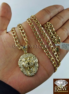 Pre-owned Globalwatches10 Real Men 10k Gold Lion Head Charm Pendant With 28" Inch Miami Cuban Link Chain In Yellow